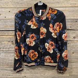 Xhilaration Women's‎ Black Floral Bomber Jacket Pockets Elastic Waist Full Zip S